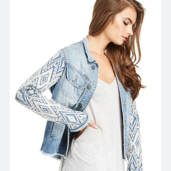 ANTHROPOLOGIE $295 Denim jacket with tapestry sleeves and plaid cuffs. - Picture 9 of 9